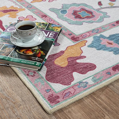 Fame Living Pink Oushak Rug, Modern, Vintage, Turkish, Eclectic, Floral, Pastel, Washable, Area Rugs for Living Room, Dining, Bedroom, Nursery, Girls, Boys, 5'9"x8'9"