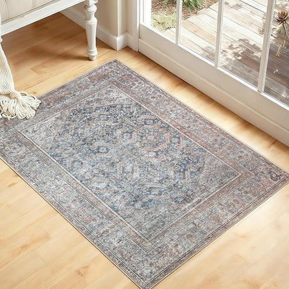 Kuden 3x5 Small Rug, Machine Washable, Non-Slip Backing, Vintage Style, Soft, Low Pile, Area Rugs for Entryway Kitchen Indoor Entrance
