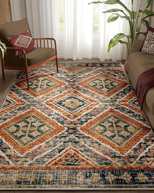 Area Rug 5x7 Rug Machine Washable Non-Slip Low Pile Print Pattern Fall Rug for Living Room Bedroom Entryway Tribal Series -Orange/Brown