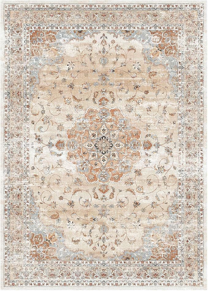 HUGEAR Machine Washable Area Rugs 5x7 Vintage Orange Living Room Bedroom Rug Neutral Style Non Slip Stain Resistant Low Pile Throw Carpet for Home Retro Aesthetic Modern Decor