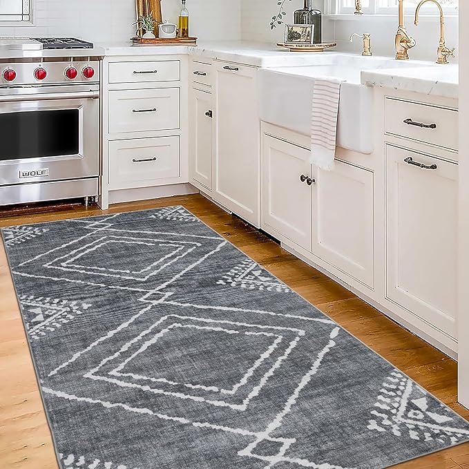 ReaLife Rugs Machine Washable Area Rug Runner - Living Room Bedroom Bathroom Kitchen Entryway Office - Padded Low Pile Stain Resistant Premium - Moroccan Diamond Tribal - Jax - Gray 2'6" x 8'