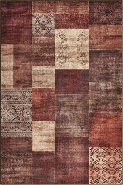 Tepook Modern Area Rug for Living Room, 4x6 Geometric Large Rugs for Bedroom, Washable Patchwork Rug Indoor Non-Slip Throw Carpets for Dining Room Office Farmhouse Home Decor, Red