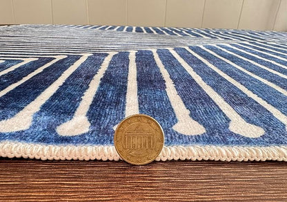GLN Rugs Contemporary Collection - Machine Washable Area Rug, Contemporary Washable, Non Slip, Low Pile Chenille Rug, Living Room, Bedroom, Kitchen Rug (6' x 9' Lines Blue)