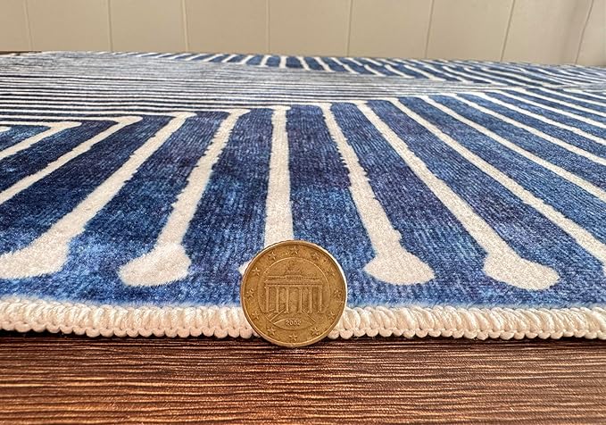 GLN Rugs Contemporary Collection - Machine Washable Area Rug, Contemporary Washable, Non Slip, Low Pile Chenille Rug, Living Room, Bedroom, Kitchen Rug (5' x 7' Lines Blue)
