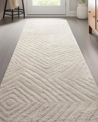 Well Woven Custom Size Hallway Stair Runner - Choose Your Length - 27 Inches Wide x 90 Feet Long Runner (27" x 90' Runner) Rug - Ivory Relajo Soft Touch, Modern Geometric - Hi-Lo Pile