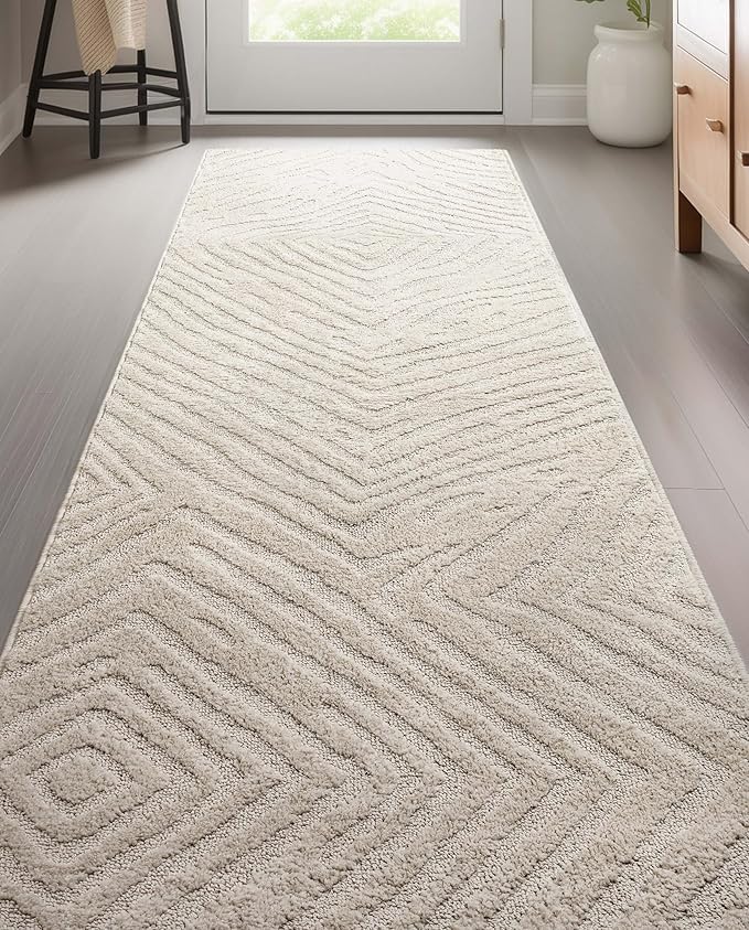 Well Woven Custom Size Hallway Stair Runner - Choose Your Length - 27 Inches Wide x 8 Feet Long Runner (27" x 8' Runner) Rug - Ivory Relajo Soft Touch, Modern Geometric - Hi-Lo Pile