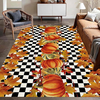 Pumpkin Area Rugs, 3x4ft, Fallen Leaves Autumn Harvest Pumpkins Black and White Checkered Rug, Ultra-Thin Rubber Non Slip Geometric Carpet for Living Room Playroom