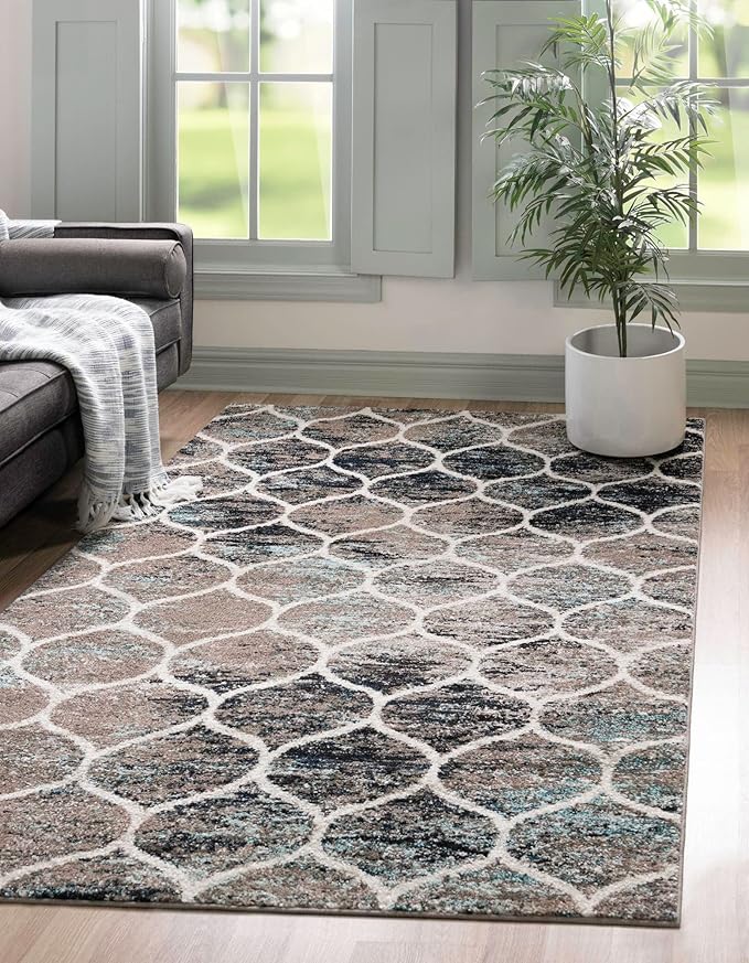 Rugs.com Lattice Frieze Collection Rug – 10' x 16' Blue Multi Medium Rug Perfect for Living Rooms, Large Dining Rooms, Open Floorplans