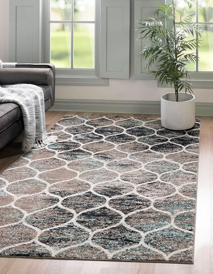 Rugs.com Lattice Frieze Collection Rug – 5' x 8' Blue Multi Medium Rug Perfect for Living Rooms, Large Dining Rooms, Open Floorplans