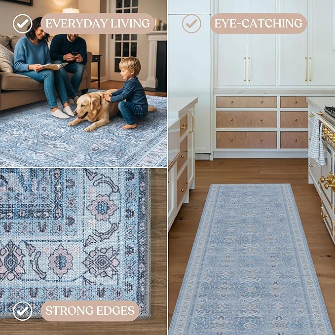 Fame Living Washable Area Rug. Modern Farmhouse. Vintage. Turkish. Bohemian. Distressed. Oriental. Traditional. Rugs for Living Room. Dining. Bedroom. Office. Entryway. Foyer. (866CBl, 2'5" x 6'5")