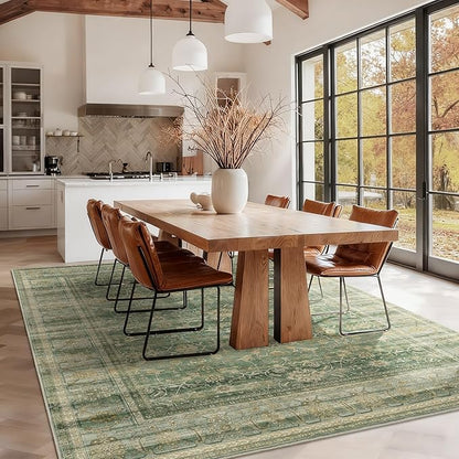 HelloTree Washable Rugs 9x12 Area Rug for Living Room, Vintage Boho Green Rug Non Slip Carpet Retro Accent Indoor Mat Print Distressed Low Pile Throw Large Rug for Office Dining Room Bedside-Green