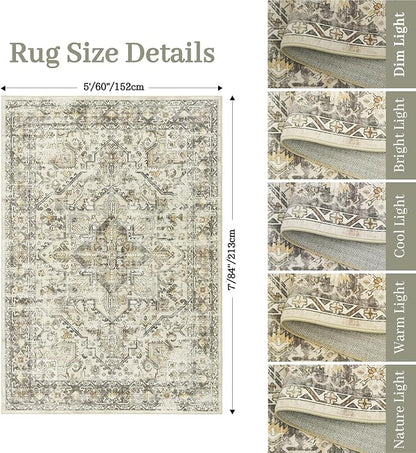 zesthome 5x7 Area Rugs - Ultra-Thin Washble Rug, Stain Resistant Anti Slip Backing Rugs for Living Room,Bedroom, Vintage Home Decor Area Rug (Beige/Brown,5'x7')