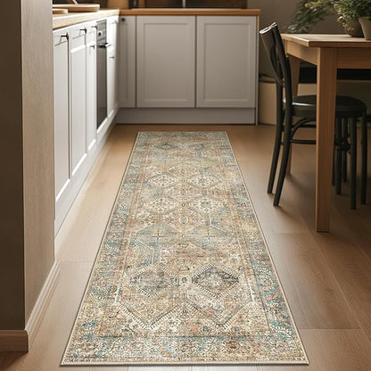 Bavni 2x7 Runner Rug Non Slip, Machine Washable Rug Runners for Hallways, Vintage Distressed Print Kitchen Runner, Low Pile Lightweight Carpet Runner for Entryway Laundry Bedroom Bathroom Wood Brown