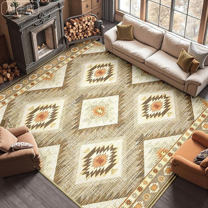 Area Rug 8x8 Rug Machine Washable Non-Slip Low Pile Print Pattern Western Rug for Living Room Bedroom Entryway Tribal Series -Cream/Camel