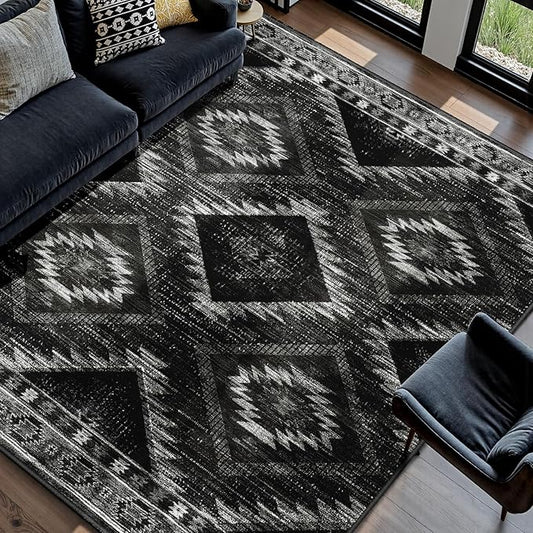 Area Rug 6x8 Rug Machine Washable Non-Slip Low Pile Print Pattern Western Rug for Living Room Bedroom Entryway Tribal Series-Black