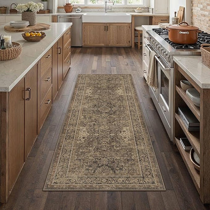 2x6 Brown Washable Vintage Runner Rug for Living Room Bedroom Soft Tranditional Non Slip Runner Area Rug Lightweight Floral Low Pile Distressed Runner Kitchen Hallway Bedroom