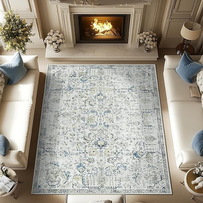 jinchan Kalen Area Rug 9x12 Washable Living Room Rug Vintage Indoor Large Floor Cover Retro Distressed Floral Country Boho Lightweight Non Slip Thin Carpet for Kitchen Bedroom Dining Room Office Blue