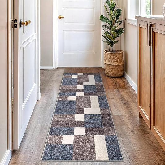 Rugshop Modern Boxes Design Non-Slip (Non-Skid) Carpet for Hallway,Entryway,Kitchen Runner Rug 2'7" x 8' Blue