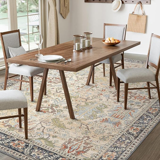 Bavni 6x9 Area Rugs Boho Washable Rugs for Living Room Non-Slip, Ultra Thin Low Pile Vintage Rug for Bedroom Dinning Room Office, Modern Farmhouse, Ivory/Teal