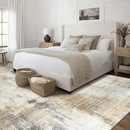 ReaLife Rugs Machine Washable Area Rug Runner - Living Room Bedroom Bathroom Kitchen Entryway Office - Padded Low Pile Stain Resistant Premium - Modern Abstract Contemporary - Quinn - Beige 3' x 5'