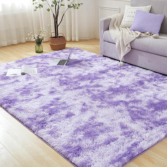 Andency Soft Area Rugs for Living Room Bedroom, 3x5 Non-Slip Fluffy Shag Carpet, Indoor Floor Fuzzy Shaggy Living Room Plush Rug for Kids Dorm Nursery Home Decor Aesthetic, Tie-Dyed Purple