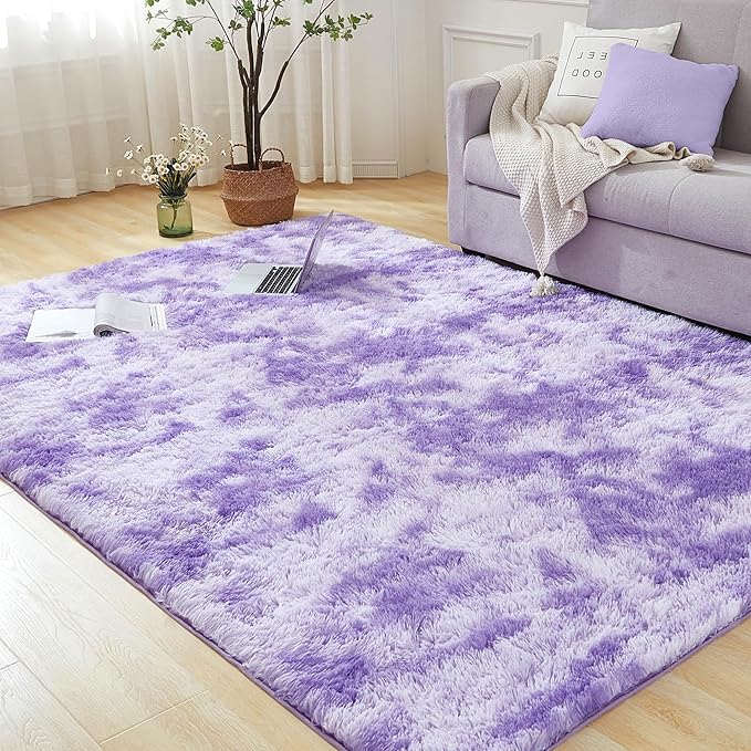 Andency 6x9 Area Rugs, Large Shag Fluffy Soft Shaggy Rugs for Living Room Bedroom, Non-Slip Tie-Dyed Purple Thick Plush Carpet for Kids Girls and Boys, Dorm Nursery Home Decor Aesthetic