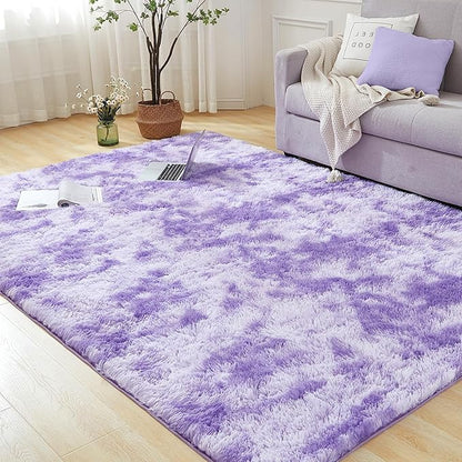 Andency 8x10 Area Rugs for Living Room, Non-Slip Fluffy Soft Large Shag Bedroom Carpet, Tie-Dyed Purple Big Indoor Thick Nursery Rug for Kids Dorm Home Decor Aesthetic