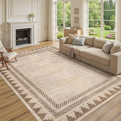 Geometric Bordered Washable 5x7 Area Rugs for Dining Room Bedroom Foldable Non Slip Soft Indoor Carpet Stain Resistant Modern Living Room Low Pile Rug with Rubber Back, Beige Brown