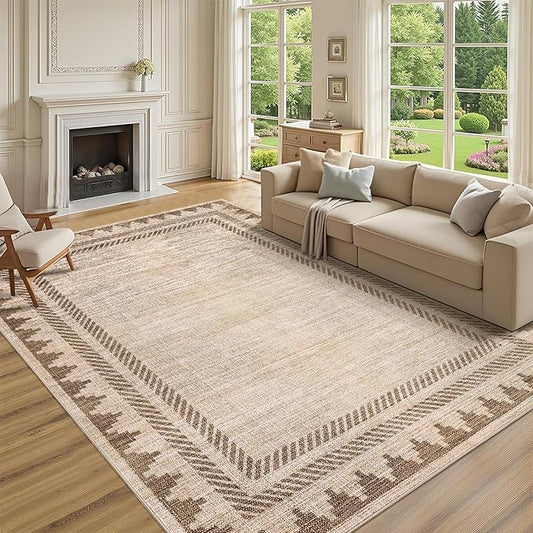 Geometric Bordered Washable 5x7 Area Rugs for Dining Room Bedroom Foldable Non Slip Soft Indoor Carpet Stain Resistant Modern Living Room Low Pile Rug with Rubber Back, Beige Brown