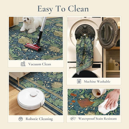 Bavni 2'6''x6 Runner Rug,Microfiber Washable Non-Slip Vintage Floral Rugs,Low Pile Lightweight Carpet for Bedroom,Hallway,Entryway,Kitchen,Bathroom, Tea Green/Blue