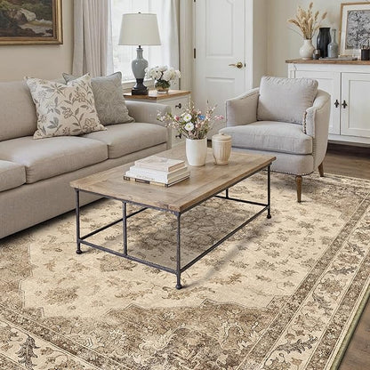 Brown Area Rug 5x7 Washable Vintage Carpet for Living Room Office Soft Retro Low Pile Thin Indoor Rug Non Slip Oriental Medallion Floor Cover for Bedroom Dining Room