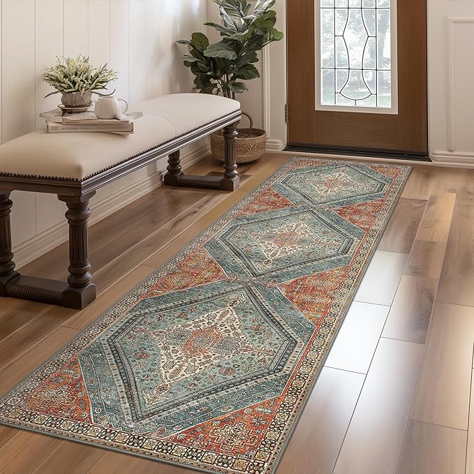 Bavni Runner Rug 2x10 Kitchen Rugs for Hallways Entryway, Washable Vintage Print Carpet, Ultra-Thin Chenille Low Pile Lightweight Rug with Non Slip Backing, Light Red/Blue