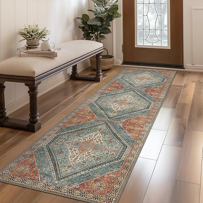 Bavni Runner Rug 2x12 Kitchen Rugs for Hallways Entryway, Washable Vintage Print Carpet, Ultra-Thin Chenille Low Pile Lightweight Rug with Non Slip Backing, Light Red/Blue