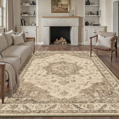 Brown Area Rug 9x12 Washable Vintage Carpet for Living Room Bedroom Large Soft Retro Low Pile Thin Indoor Rug Non Slip Oriental Medallion Floor Cover for Dining Room Office