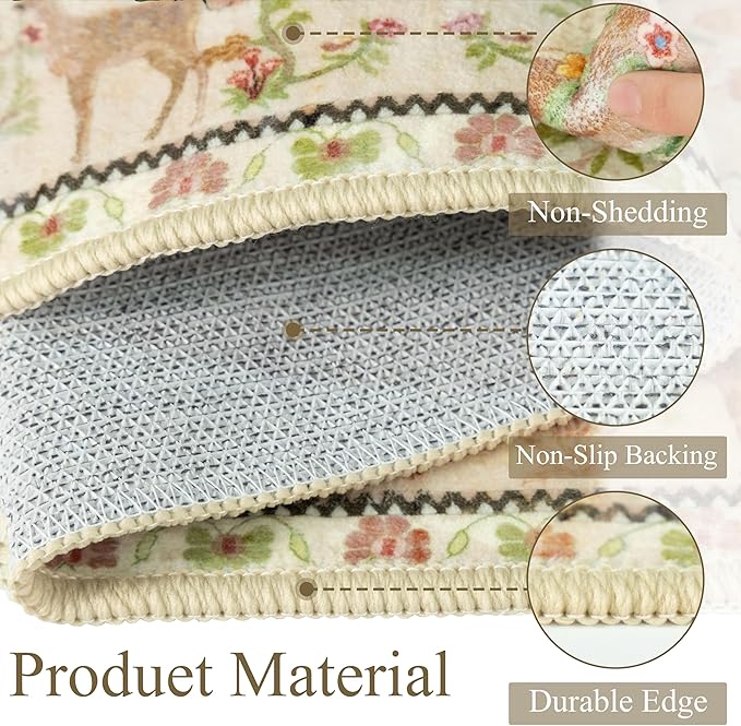 5x7 Area Rugs for Living Room, Machine Washable Non-Slip Carpet, Boho Floral Low Pile Throw Rugs for Bedroom, Dining Room, Office, Nursery, Vintage Home Decor（Beige）
