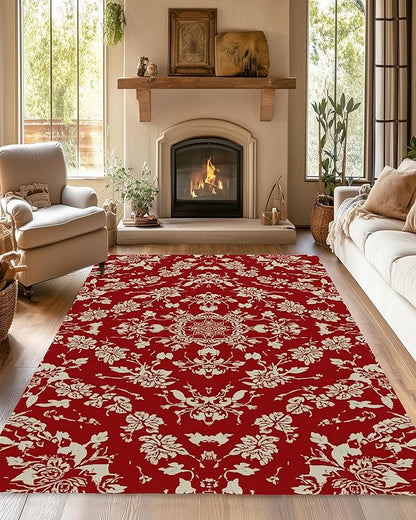 Red Flower Carpet for Living Room, 5x7 Non-Slip Washable Low Pile Abstract Design Rug, Space Saving Area Rug for Bedroom, Dining Room