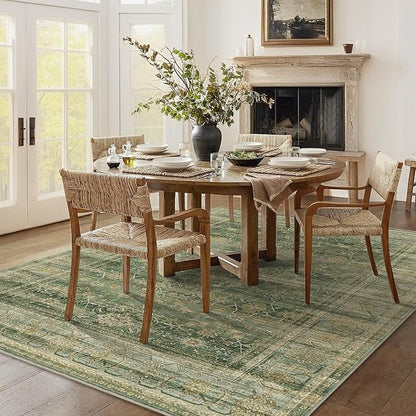 HelloTree Washable Rugs 5x7 Area Rug for Living Room, Vintage Boho Rug Non Slip Carpet Retro Accent Indoor Mat Print Distressed Low Pile Throw Large Rug for Office Bedside-Green
