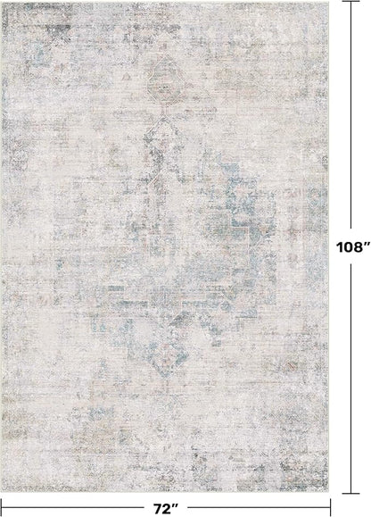 Washable 6x9 Bedroom Rug - Blue Grey Modern Rug for Living Room, Dining Room Table, Non Slip Soft Faded Print Mat