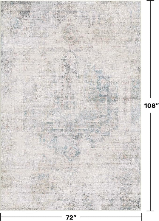 Washable 6x9 Bedroom Rug - Blue Grey Modern Rug for Living Room, Dining Room Table, Non Slip Soft Faded Print Mat