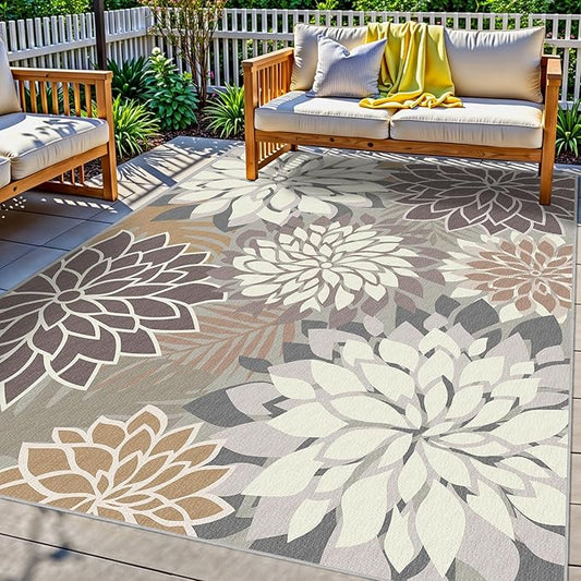 9x12 Outdoor Area Rug Washable Multicolored Patio Rug Tropical Botanical Floral Chenille Waterproof Outdoor Carpet Non-Slip for Deck, Backyard, Porch, Taupe