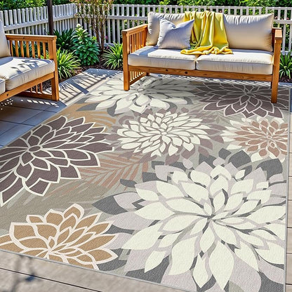 8x10 Outdoor Area Rug Washable Multicolored Patio Rug Tropical Botanical Floral Chenille Waterproof Outdoor Carpet Non-Slip for Deck, Backyard, Porch, Taupe