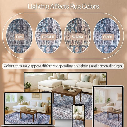 Washable Area Rug. Modern Farmhouse. Vintage. Turkish. Bohemian. Distressed. Oriental. Traditional. Rugs for Living Room. Dining. Bedroom. Office. Entryway. Foyer. (859NC, 9' x 12')