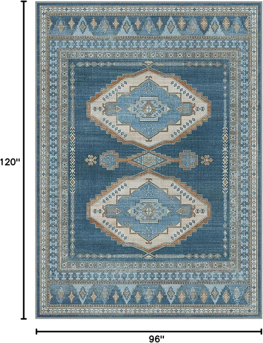 GENIMO Machine Washable 8x10 Area Rugs for Living Room, Non Slip Vintage Rugs, Low Pile Lightweight Chenille Print Rug for Bedroom, Dining Room, Home Office, Navy/Brick
