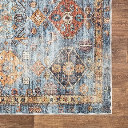 Bloom Rugs Washable Non-Slip 8' x 10' Rug - Blue/Orange Traditional Bordered Area Rug for Living Room, Bedroom, Dining Room, and Kitchen - Exact Size: 8' x 10'