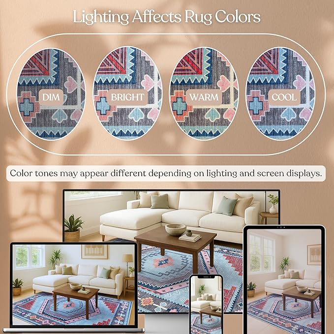 Fame Living Washable Area Rug. Modern Farmhouse. Vintage. Turkish. Bohemian. Distressed. Oriental. Traditional. Rugs for Living Room. Dining. Bedroom. Office. Entryway. Foyer. (856BlM, 7'5" x 9'8")
