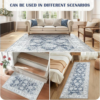 jinchan Fiora Runner Rug 3x10-2pcs Kitchen Washable Vintage Hallway Rug Floral Print Floor Cover Indoor Thin Retro Mat Accent for Bathroom Laundry Room Bedroom Office Farmhouse (Double, Dark Blue)