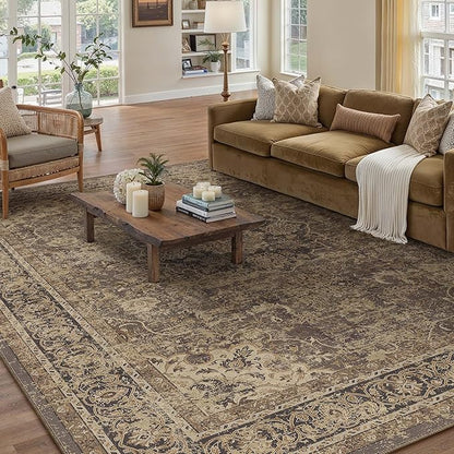 6x9 Brown Washable Vintage Area Rug for Living Room Bedroom Soft Tranditional Non Slip Large Throw Rug Lightweight Floral Low Pile Distressed Carpet Office Playroom Dining Laundry Room