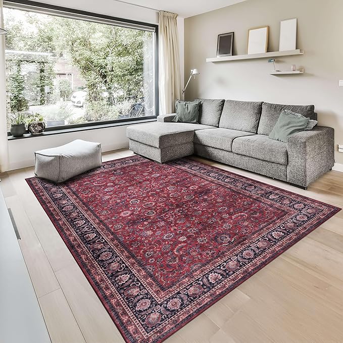 GLN Rugs Traditional Collection - Machine Washable Area Rug, Traditional Washable, Non Slip, Low Pile Chenille Rug, Living Room, Bedroom, Kitchen Rug (5' x 7' Dark Red)