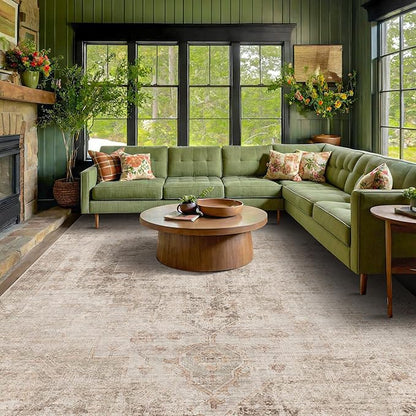 Tan Rugs for Living Room - 10x12 Vintage Large Floor Carpet Rug for Dining Room Under Table, Washable Non Slip with Rubber Backed
