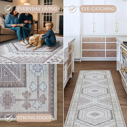 Fame Living Washable Area Rug. Modern Farmhouse. Vintage. Turkish. Bohemian. Distressed. Oriental. Traditional. Rugs for Living Room. Dining. Bedroom. Office. Entryway. Foyer. (856BrC, 7'5" x 9'8")